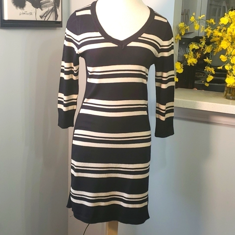 Pink Rose black and cream striped sweater dress. Size XL. V neck, long s…